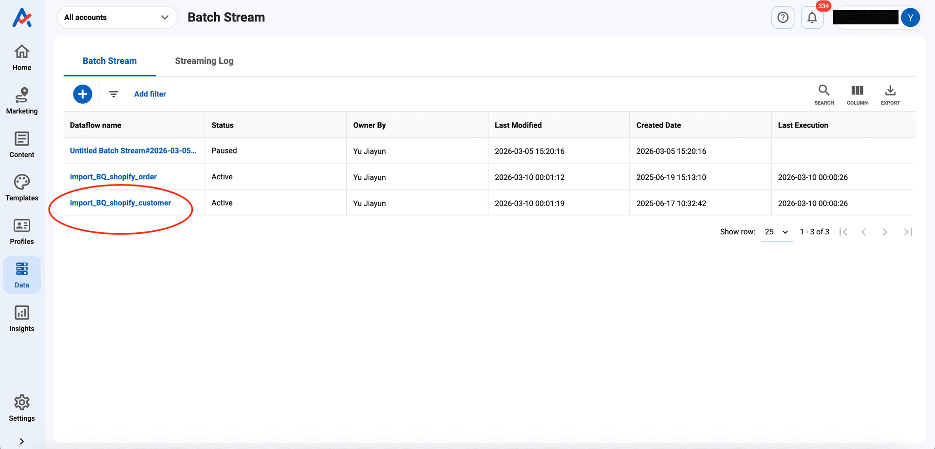 Click Dataflow name